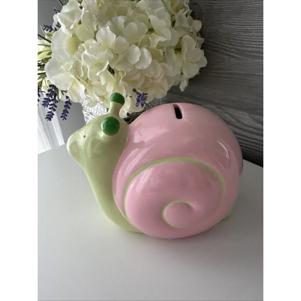 Whimsical Ceramic Snail Piggy Bank Pink & Green Nursery Decor Coin Bank 6